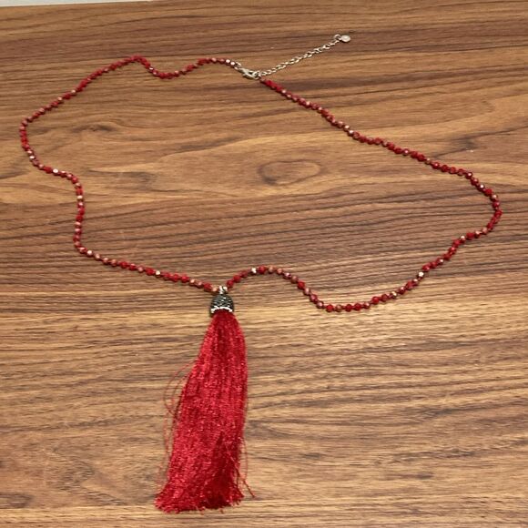 C EST 1946 Signed Long Red Beaded Tassel Necklace lobster claw clasp/extender. - Picture 6 of 7